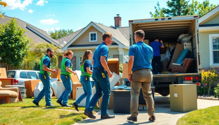 Junk removal service team efficiently clearing clutter from a suburban home.