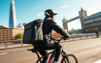 Speedy bicycle courier delivering a package in London, representing same day courier service london.