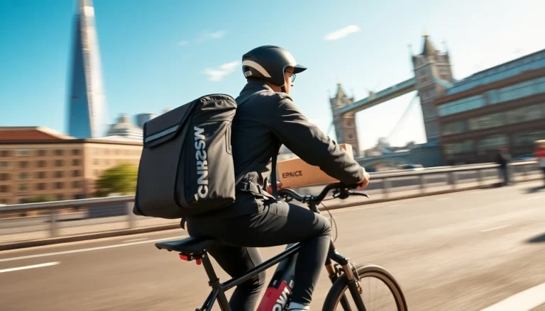 Speedy bicycle courier delivering a package in London, representing same day courier service london.