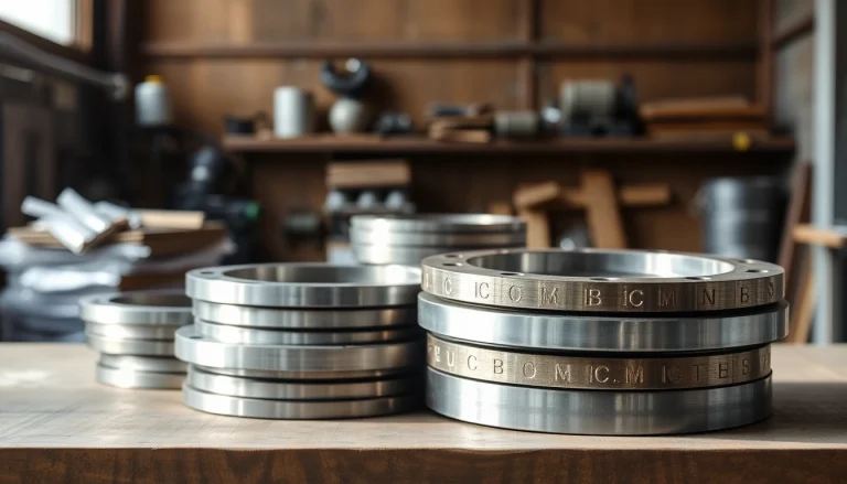Inspect high-quality steel flanges showcasing durability and precision manufacturing in a workshop setting.