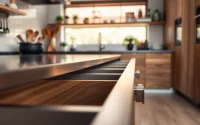 Showcasing a slim box drawer system with soft-close features in a modern kitchen setting.