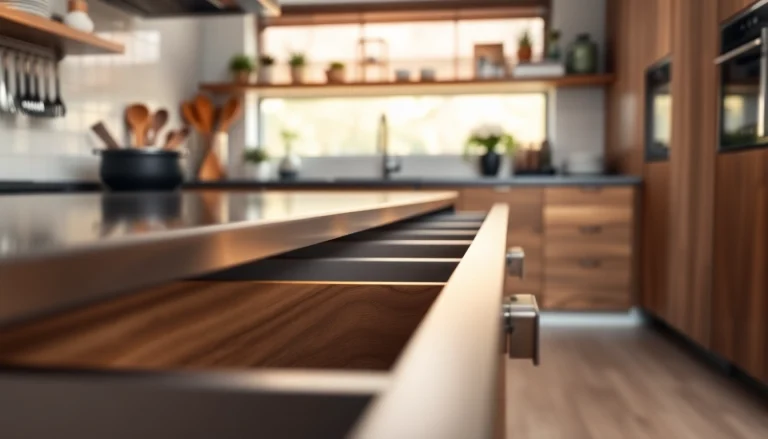 Showcasing a slim box drawer system with soft-close features in a modern kitchen setting.