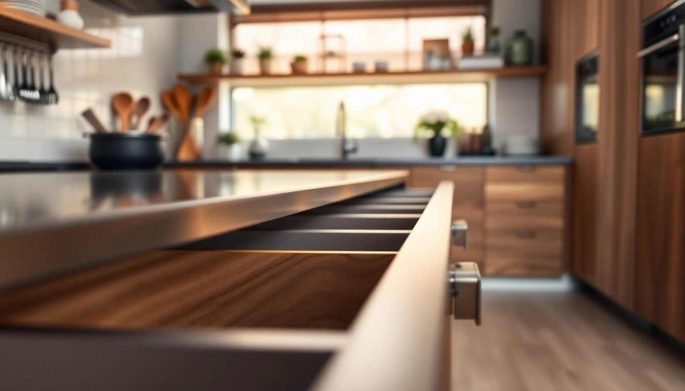 Showcasing a slim box drawer system with soft-close features in a modern kitchen setting.