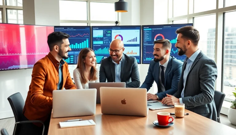 Boosting digital marketing Edmonton strategies with a collaborative team in a modern workspace.