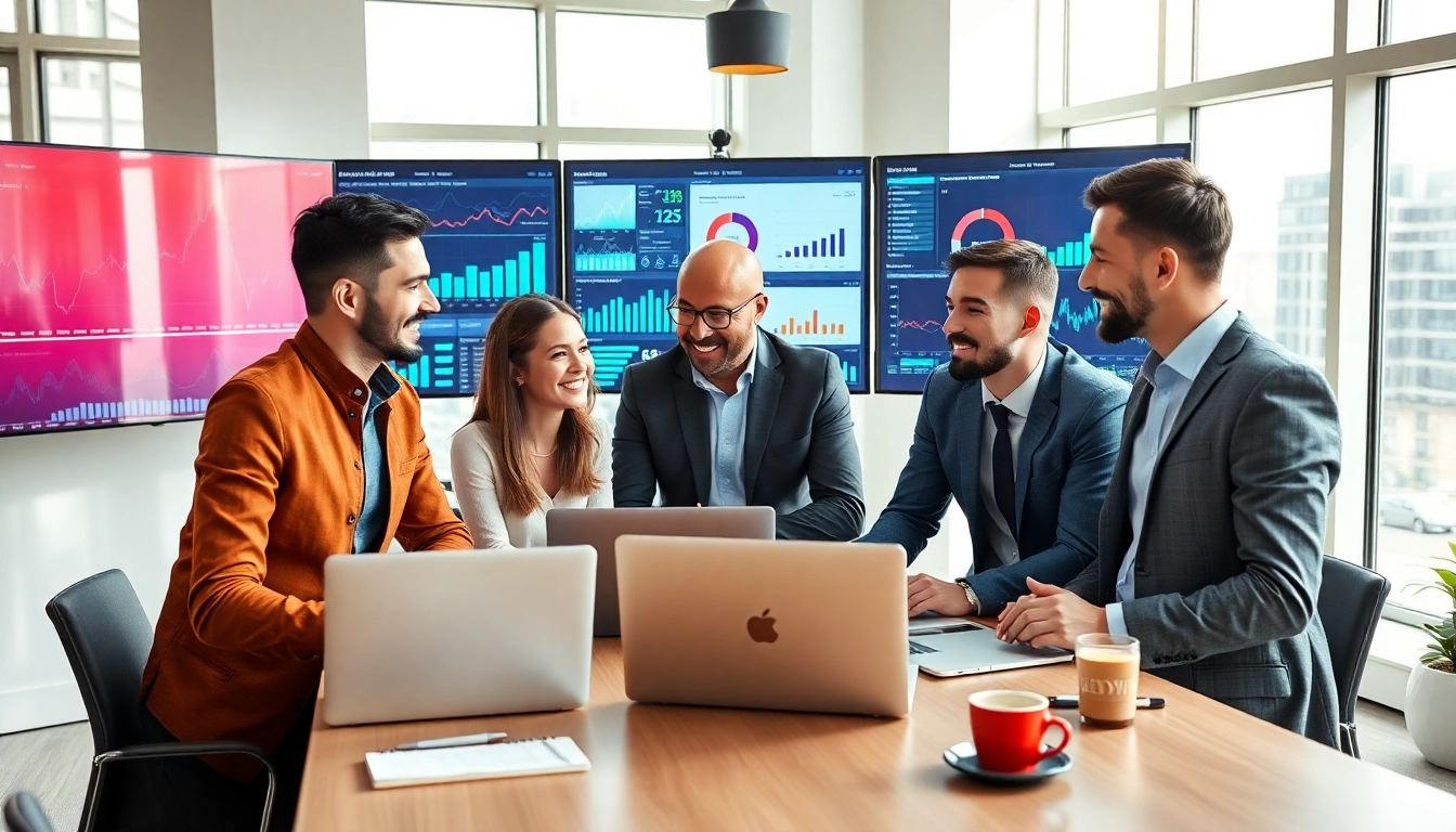 Boosting digital marketing Edmonton strategies with a collaborative team in a modern workspace.