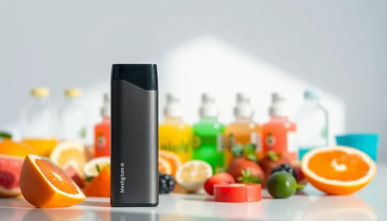Vibrant nicotine free disposable vape alongside colorful flavor bottles in a bright setting.