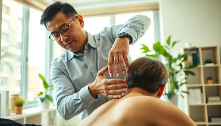 Chiropractor near me providing an adjustment to a patient in a calm office environment.