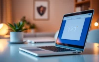 Show the quickq下载 application on a laptop screen in a modern office setup.
