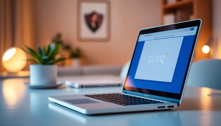 Show the quickq下载 application on a laptop screen in a modern office setup.