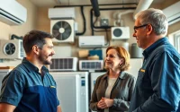 HVAC dealers providing expert consultation in a residential showroom environment with diverse heating and cooling solutions.