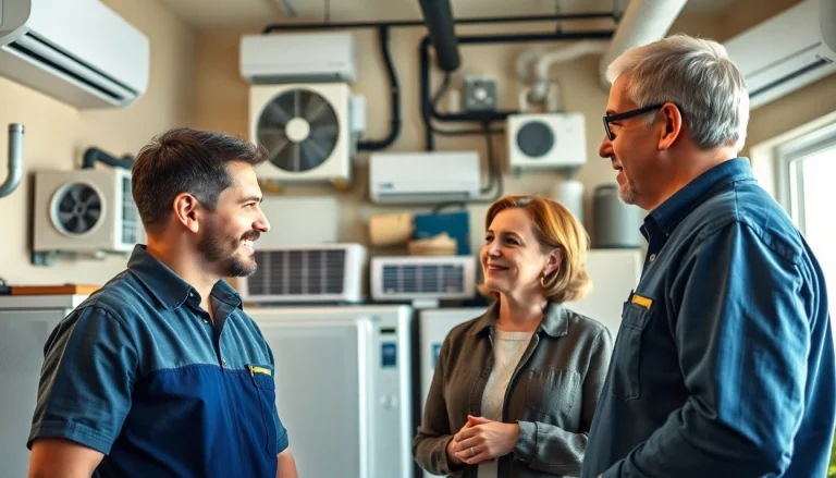 HVAC dealers providing expert consultation in a residential showroom environment with diverse heating and cooling solutions.