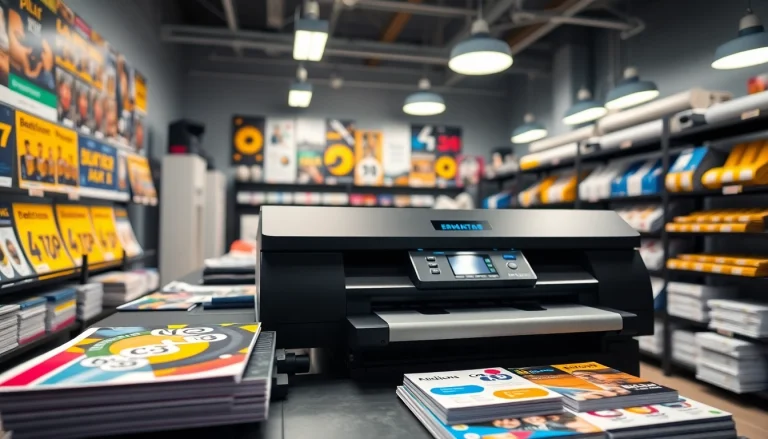 Showcasing printers edmonton alberta in a vibrant printing shop with modern equipment and colorful materials.