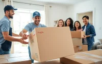 Moving day experience with professional Canadian movers assisting a family with organized boxes and friendly service.