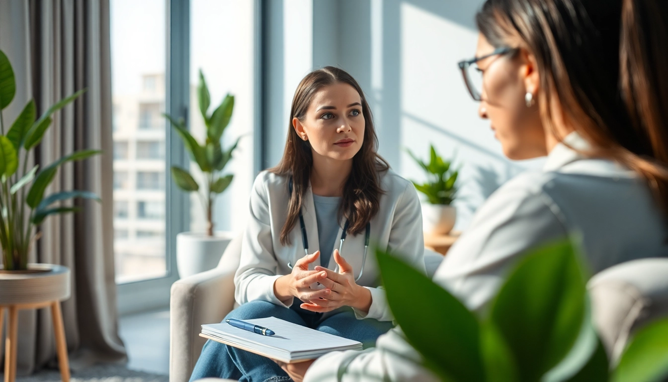 Therapist providing German Burnout Syndrome Treatment in Dubai to an attentive patient in a serene office.