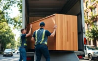 Professional Queens movers efficiently loading furniture onto a moving truck in a residential neighborhood.