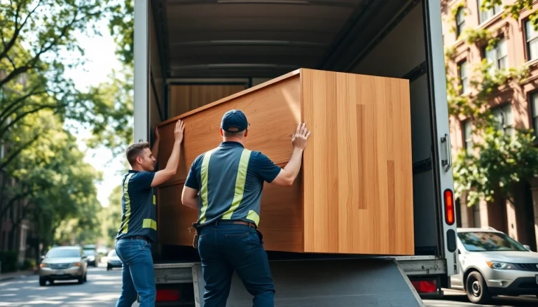 Professional Queens movers efficiently loading furniture onto a moving truck in a residential neighborhood.
