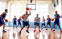 Engaged athletes at Takeover Basketball Academy displaying teamwork and skill during training.