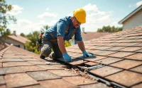 Emergency roof repair Texas team assessing damage and repairing a roof in a sunny suburban neighborhood.