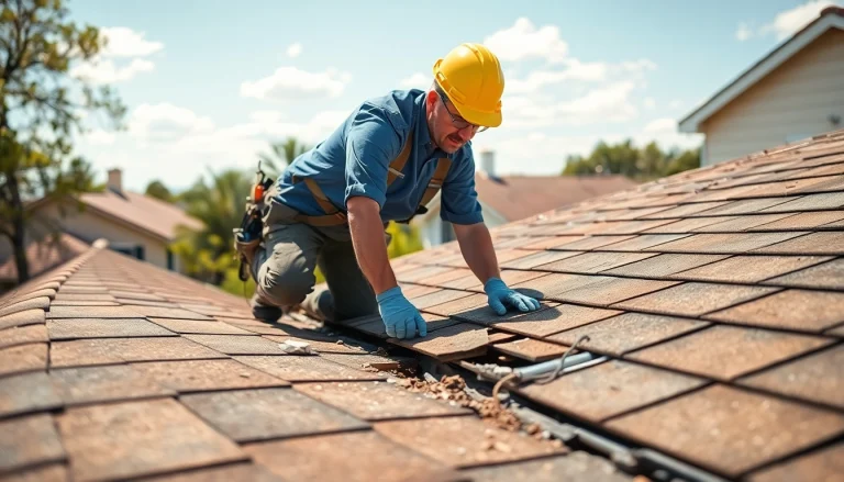 Emergency roof repair Texas team assessing damage and repairing a roof in a sunny suburban neighborhood.