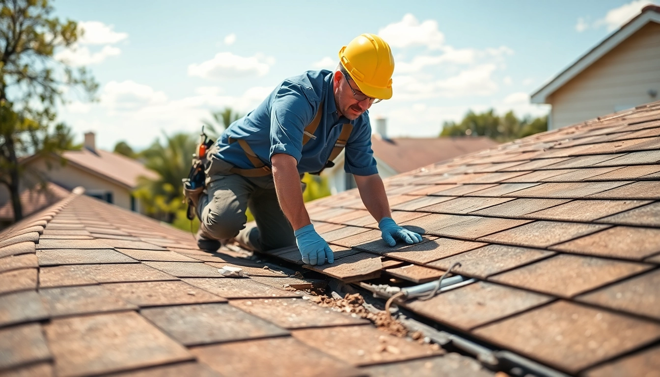 Emergency roof repair Texas team assessing damage and repairing a roof in a sunny suburban neighborhood.