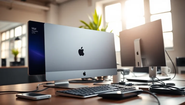 Buy MacStudio Ultra in a professional setup, featuring a sleek design and organized workspace.