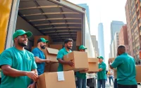 Queens movers expertly loading a truck in the heart of New York's vibrant urban landscape.
