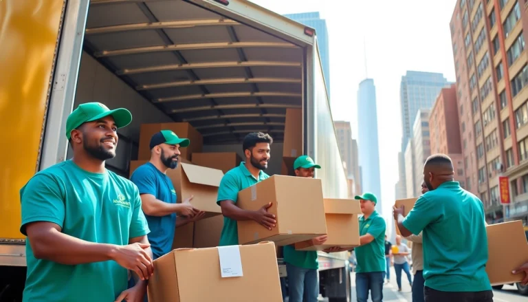 Queens movers expertly loading a truck in the heart of New York's vibrant urban landscape.