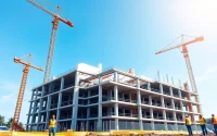 Austin construction site showcasing professionals working on a modern building project.