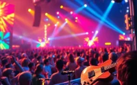 Experience the vibrant energy of 汽水音乐官网 at a live music festival with colorful lights and enthusiastic crowd.
