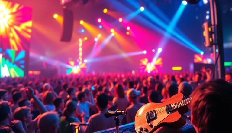 Experience the vibrant energy of 汽水音乐官网 at a live music festival with colorful lights and enthusiastic crowd.
