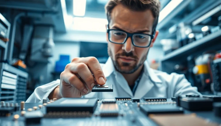 American engineer analyzing microchips in a modern lab with high-tech equipment.