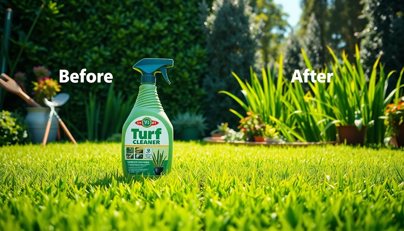Showcase effective turf cleaner revitalizing a lush green garden.