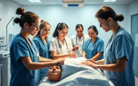 Estudiantes en educación en enfermería realizan prácticas clínicas en un laboratorio de simulación.
