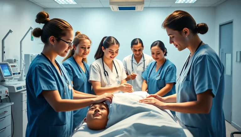 Estudiantes en educación en enfermería realizan prácticas clínicas en un laboratorio de simulación.
