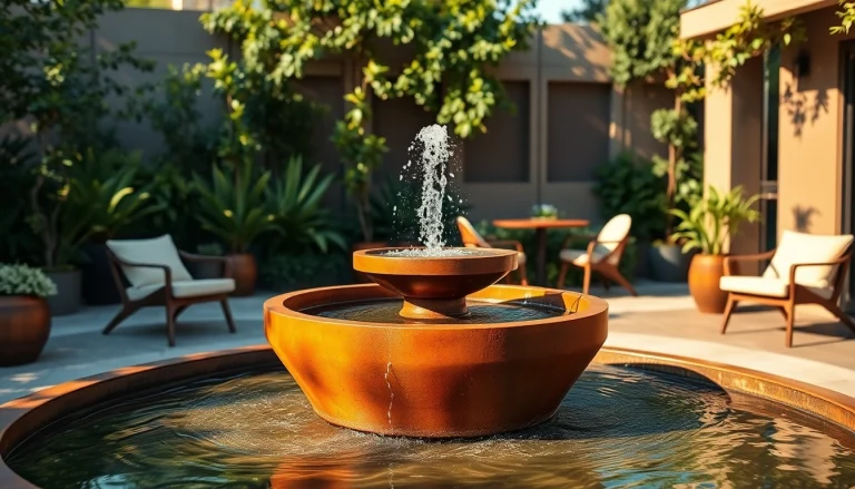 Genießen Sie den eleganten cortenstahl brunnen in einem modernen Garten mit natürlicher Beleuchtung.