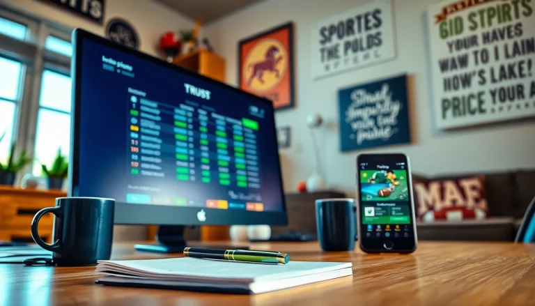 Showcase of Best betting sites 2025 on a laptop, smartphone, and notepad in a sports-themed office setup.
