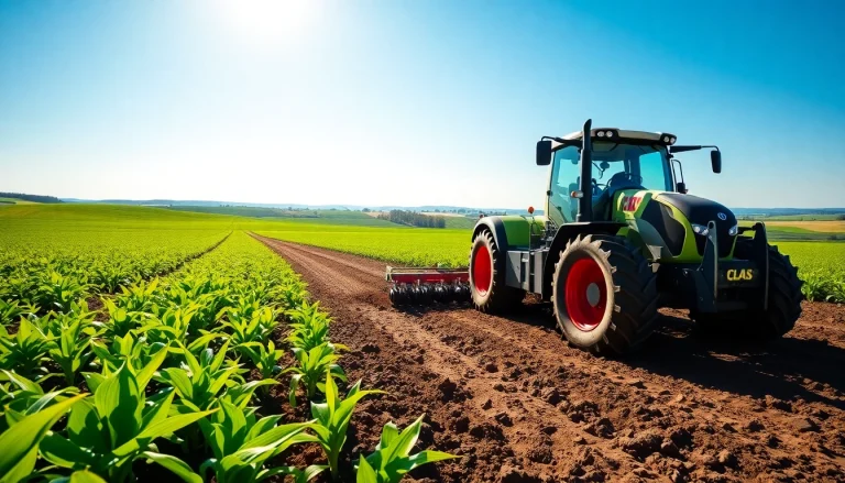 Claas Traktor bearbeitet den Boden in einem blühenden Feld voller Pflanzen.