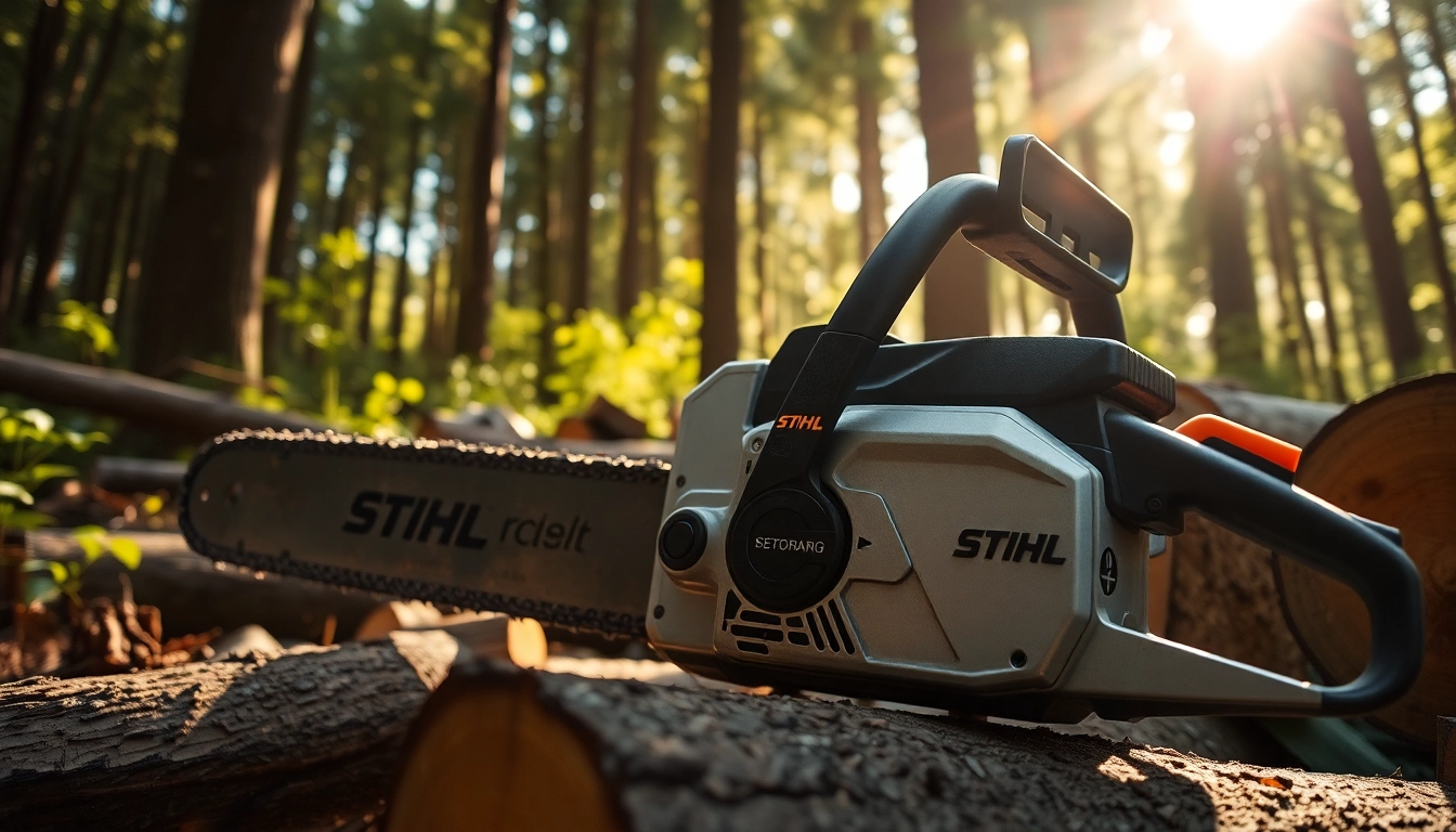 Stihl Kettensäge im Einsatz in einem Wald mit robusten Details und natürlichem Licht.