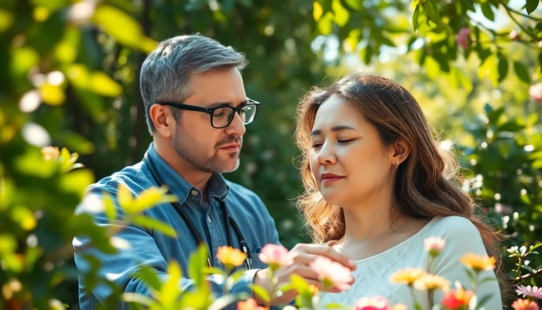 Engaging scene of therapist helping an individual, focusing on dealing with stress in a serene outdoor environment.
