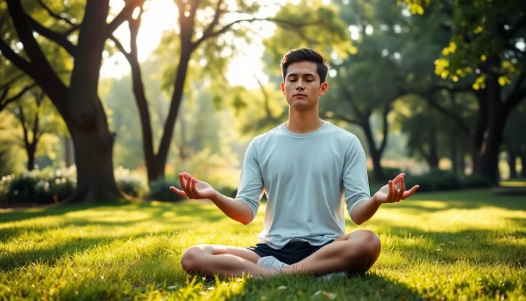 Young adult practicing meditation in nature, dealing with stress effectively.