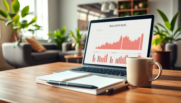 Engaging real estate blog setup showcasing a laptop and inviting workspace for content creation.