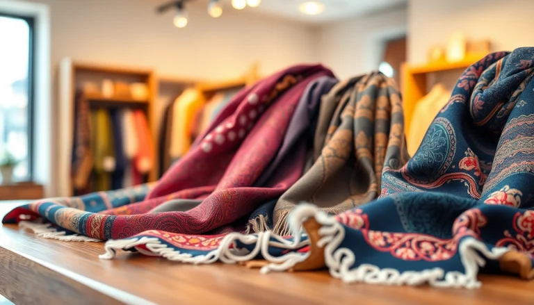 Showcasing vibrant scarves on a wooden table, highlighting unique patterns and textures.