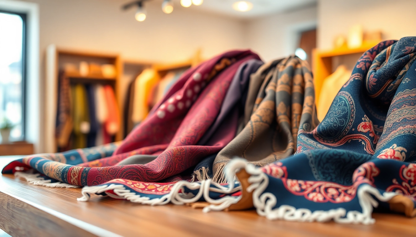Showcasing vibrant scarves on a wooden table, highlighting unique patterns and textures.