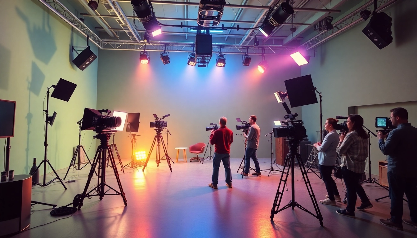 영상업체 showcasing a vibrant film studio with dynamic crew members and production equipment.