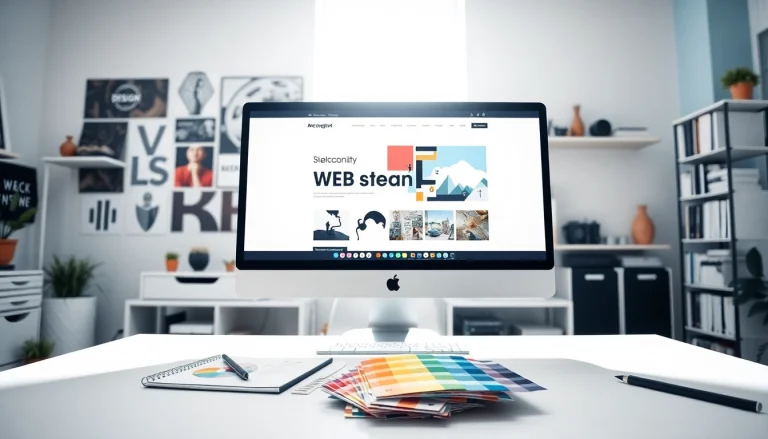 Showcasing web design edmonton in a modern studio setting with design tools and a computer display.
