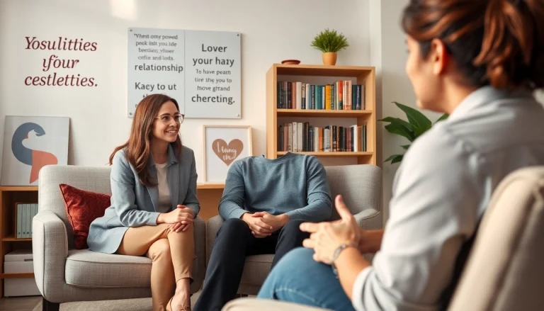 Engaging relationship coach helping a couple in a cozy setting, fostering trust and connection.