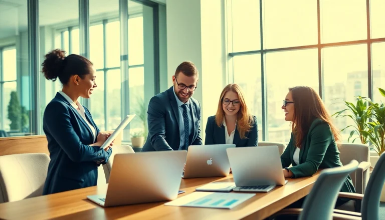 Engaging scene of Quickplus Business Consultants collaborating in a modern office environment.