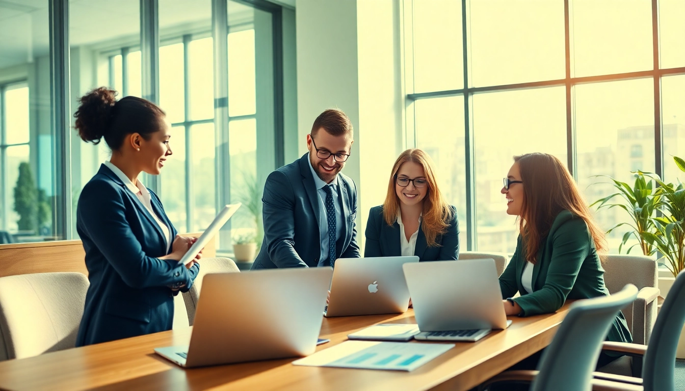 Engaging scene of Quickplus Business Consultants collaborating in a modern office environment.
