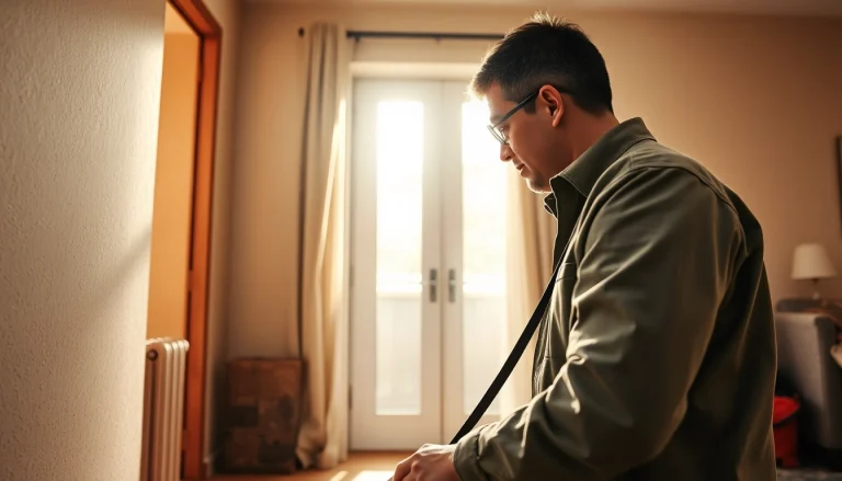 Pest control technician examining a home for infestations, showcasing expertise and professionalism.
