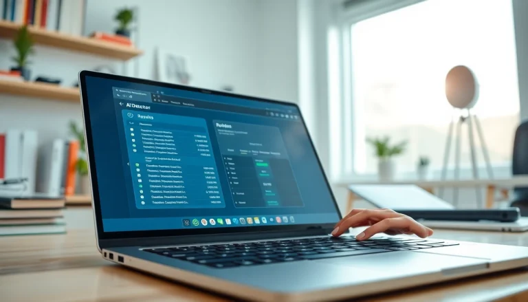 Analyze text with ai detector tools on a modern laptop screen in a bright workspace.